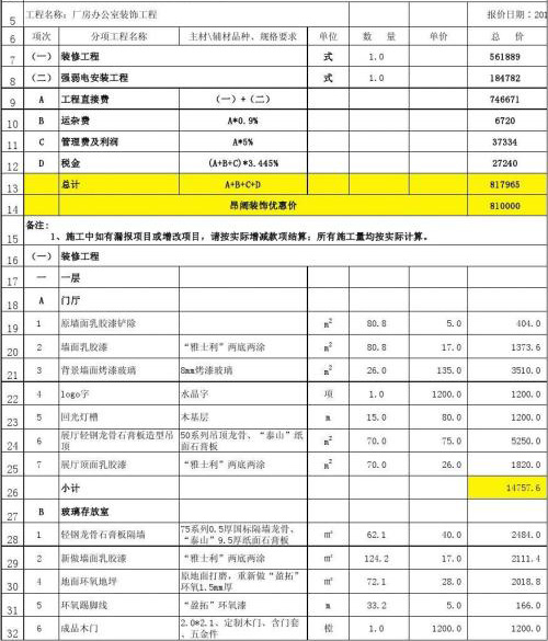 深圳廠(chǎng)房裝修報價(jià)表